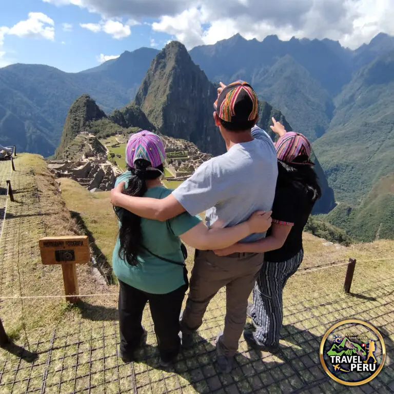 A family with Machu Picchu in the background